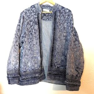 Womens Blue Tapestry Maximalist Boho Hippie Fall Concert Eclectic Artsy Jacket